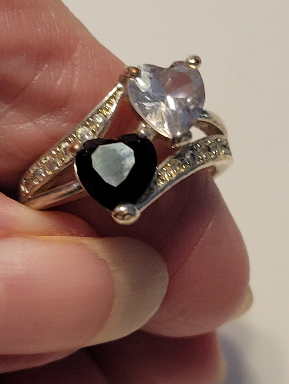 Sterling Silver Heart Duo Ring with Black and Clear Stones